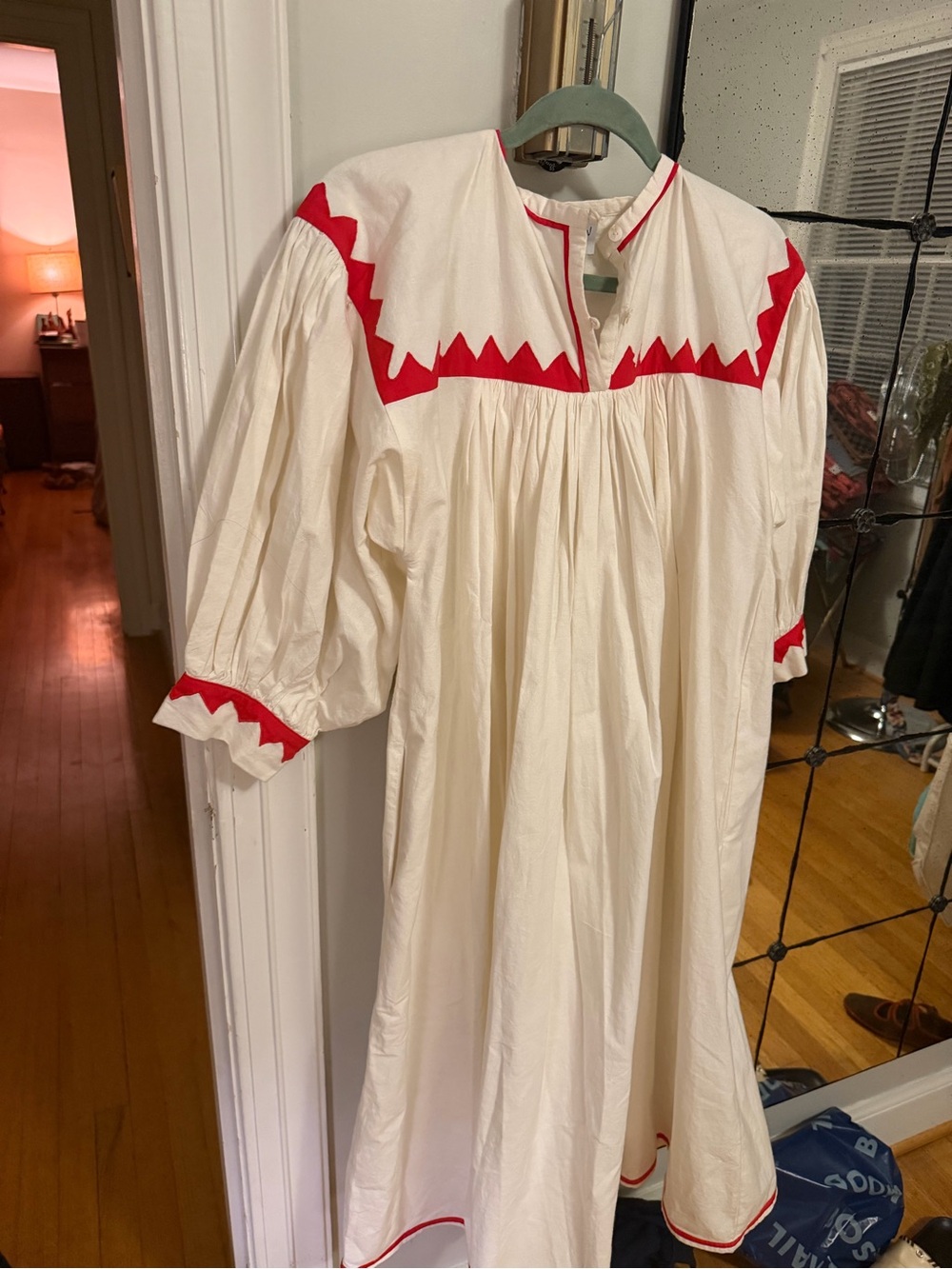 White Cotton Midi Dress with Red Zigzag Trim - Women - Picture 7 of 11